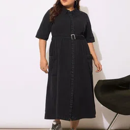 SASSAFRAS Curve Women Shirt Collar Short Sleeves Fit & Flare Midi Dress-picture-48
