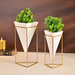Cinch Home White & Gold Toned 2 Pieces Triangular Desk Planters-image-34