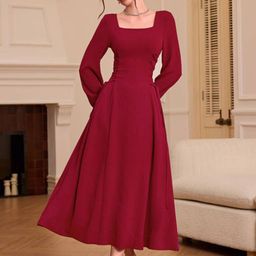 HERE&NOW Women Square Neck Long Sleeves Maxi Dress-image-36