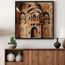 999Store Beige & Blue Traditional Indian Architectural Canvas Wall Art-15