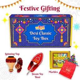 Desi Toys Wooden Spinning Top Lattu, Steam Toy Boat & Glass Marble Kanche Set-9
