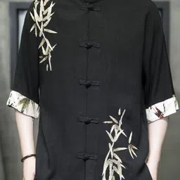 KPOP Men Original Regular Fit Floral Printed Mandarin Collar Cotton Casual Shirt-image-16