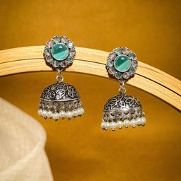 NAMAN ARTS Silver-Plated Artificial Stones Studded & Beaded Dome Shaped Oxidised Jhumkas-image-21