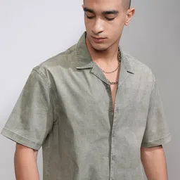 HIGHLANDER Men Oversized Fit Cuban Collar Textured Cotton Casual Shirt-image-40