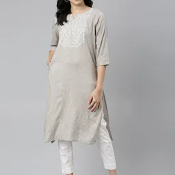 Samhitas Floral Yoke Design Thread Work Notch Neck Straight Pure Cotton Kurta-picture-41