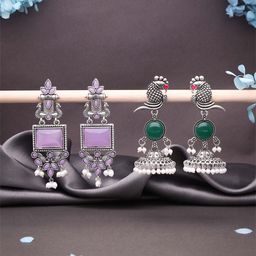 Anouk Set Of 2 Silver-Plated Artificial Stones Studded Oxidised Dome Shaped Jhumkas-image-30