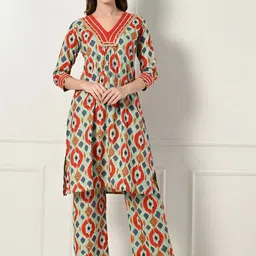 Laado - Pamper Yourself Geometric Printed Pleated Pure Cotton A-Line Kurta With Palazzos-17