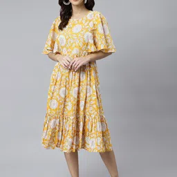 KALINI Women Floral Printed Flutter Sleeve Fit & Flare Cotton Midi Dress-picture-15