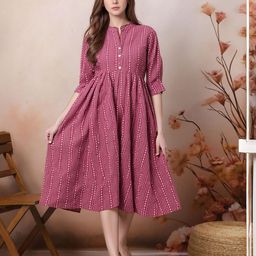 HERE&NOW Floral Striped Mandarin Collar Pure Cotton Fit & Flare Dress-image-5