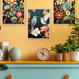 Kotart Brown & Blue 3 Pieces Floral And Botanical Printed Wooden Wall Arts-picture-45