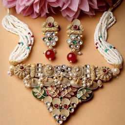 MANSIYAORANGE Gold-Plated Kundan-Studded & Beaded Jewellery Set-image-57