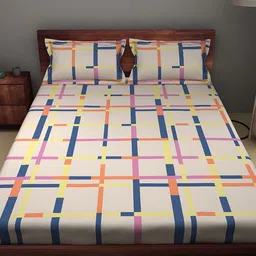 Sleepyhead Tetris Off White & Blue Cotton 144 TC Queen Bedsheet with 2 Pillow Covers-image-29