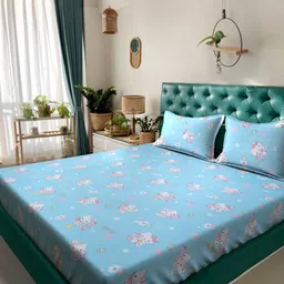 Myntra Elegant Homes Blue & White Cartoon Characters 400 TC King Bedsheet with 2 Pillow Covers-image-84