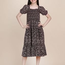 PTVIZE Girls Printed Puff Sleeve Fit and Flare Midi Dress-45