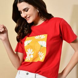 Myrung Floral Printed Round Neck Cotton Relaxed Fit T-shirt-image-88