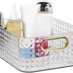 Plastic Diamond Pattern Clear Desktop Bathroom Cosmetic Makeup Organizer Home Sundries Storage Basket-image-10