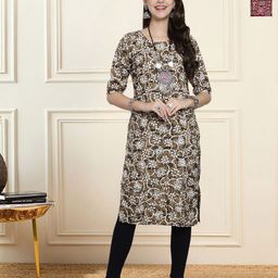 HERE&NOW Selection Of 2 Floral Printed Round Neck Straight Kurtas-image-11