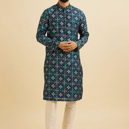 Manyavar Ethnic Motifs Printed Sequinned Mandarin Collar Straight Kurta With Trousers-picture-3