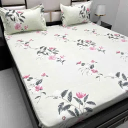 Pure Decor Green & Pink Floral Queen Bedsheet with 2 Pillow Covers-picture-41