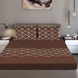 Bodycomfy Brown & White Geometric 400 TC King Bedsheet With 2 Pillow Covers-image-74