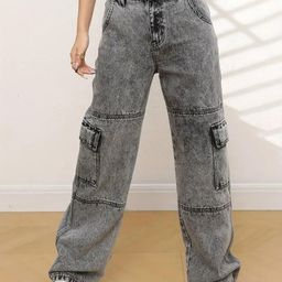 Glossia Nova Women Comfort Wide Leg High-Rise Heavy Fade Acid Wash Stretchable Cargo Jeans-image-29