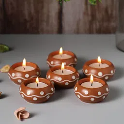 VarEesha Brown & White 6 Pieces Printed Ceramic Candle Holders-11