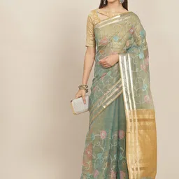 KAVINDI Floral Embroidered Organza Saree-image-24