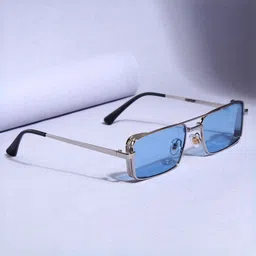 SUNGLASSIC Unisex Blue Lens & Silver-Toned Rectangle Sunglasses with-26