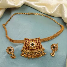 Diksha collection Brass-Plated Stone Studded & Beaded Matte Finish Jewellery Set-image-62