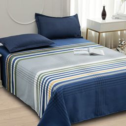 Story@home Blue & White Striped 240 TC Microfiber Queen Bedsheet with 2 Pillow Covers-image-7