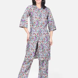 ROSEMELON Geometric Printed Shirt Collar Kurta With Trousers-45