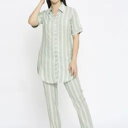 MORDEN MUSE Self Design Shirt Collar Tunic With Trousers-image-85