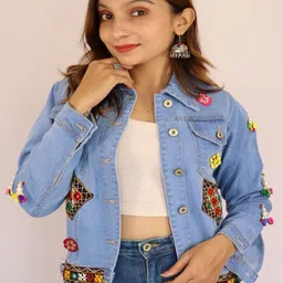 Prijam Women Spread Collar Solid Lightweight Ethnic Denim Jacket-image-17