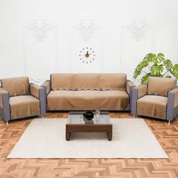 RUBOXA Gold-Toned 16 Pieces Self Design Cotton 5 Seater Sofa Cover With Arms-16