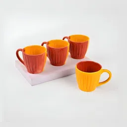 Storepedia Orange & Yellow 4 Piece Textured Ceramic Matte Cups Set of Cups and Mugs-12