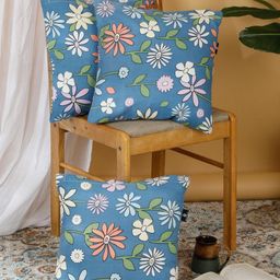 Arrabi Blue & White 3 Pieces Floral Printed Square Cushion Covers-24
