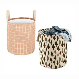 Aura 2Pcs Beige & Green Printed Cotton Foldable & Portable Laundry Bag With Handles - 60 L-17