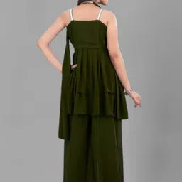 PARROT CREATION Floral Embroidered Georgette A-Line Kurti With Palazzos And Dupatta image 3