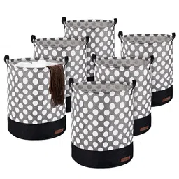 Kuber Industries 6-Pcs Grey & White Printed Foldable Cloth Basket With Handle - 43 L-35