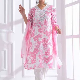 Anouk Women Floral Embroidered Regular Kantha Work Pure Cotton Kurta with Trousers & With Dupatta-picture-1