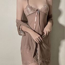 LULU & SKY Women Self Design Shoulder Straps Nightdress Robe & Thong Briefs-image-32
