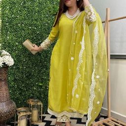 HERE&NOW Ethnic Motifs Embroidered A line Kurta with Pyjamas & Dupatta-image-95
