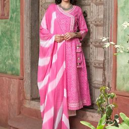 BANDIA Women Printed Angrakha Pure Cotton Kurta with Trousers & With Dupatta-picture-7