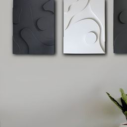 VAH Kya Bat Hai !! 3Pcs White & Black Abstract 3D Textured Boho Plaster Wall Hangings-10