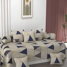 AMRANGE 8Pcs Beige & Blue Geometric Printed Diwan Set-22