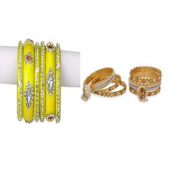 SOMIL Set of 8 Yellow Alloy Artificial Stones & Beads Bangles-image-30