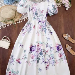 Billion Girls Floral Print Fit & Flare Puff Sleeves Maxi Dress-78