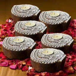 Peepul Tree Brown & White 6 Pieces Textured Wooden Leaf Candle Holders-24