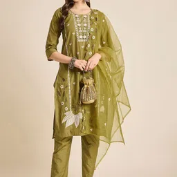 Anouk Rustic Women Floral Embroidered Thread Work Kurta with Trousers & Dupatta-28