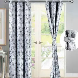Grey Polyester Floral 7 Ft Semisheer Eyelet 2 Door Curtains By Deco Window-picture-2